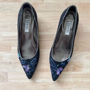 Vintage Embroidered Felt Pointed Kitten Heel Flat 7.5 Charcoal Grey